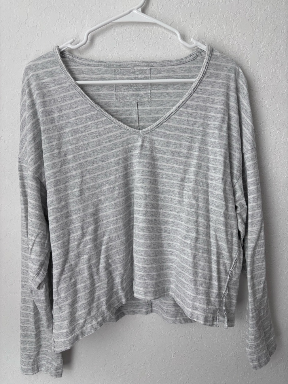 aerie Light Gray and White Striped V-Neck Boxy Long Sleeve Top